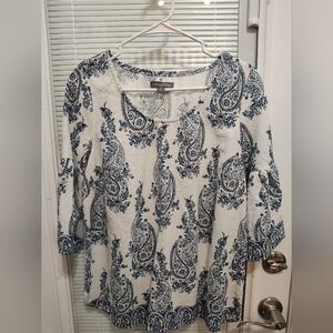 Jessica London 14W white and shades of Navy blue color Paisley print Bell sleeve